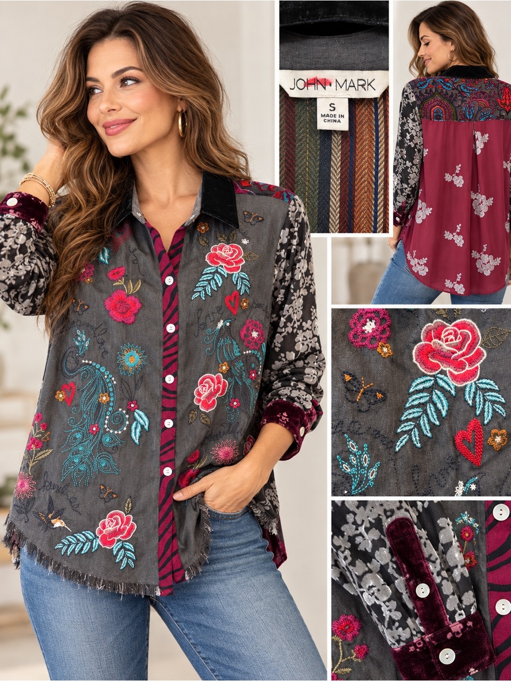 John Mark Floral Embroidered Button-Down Shirt - Small PTP: 23 STH: 28
